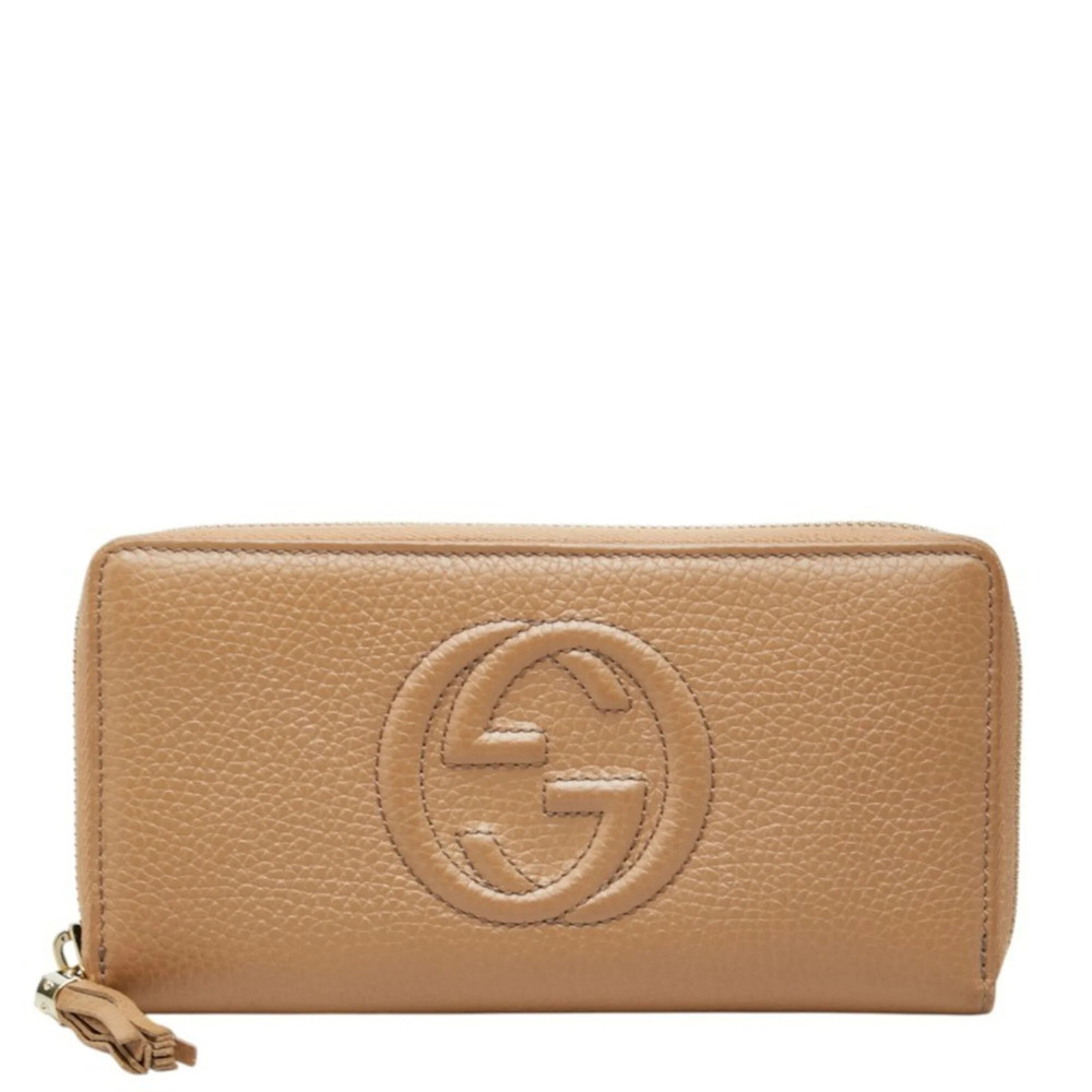 Gucci Interlocking G Soho Round Zip Long Wallet with Tassel 598187 Beige Leat...